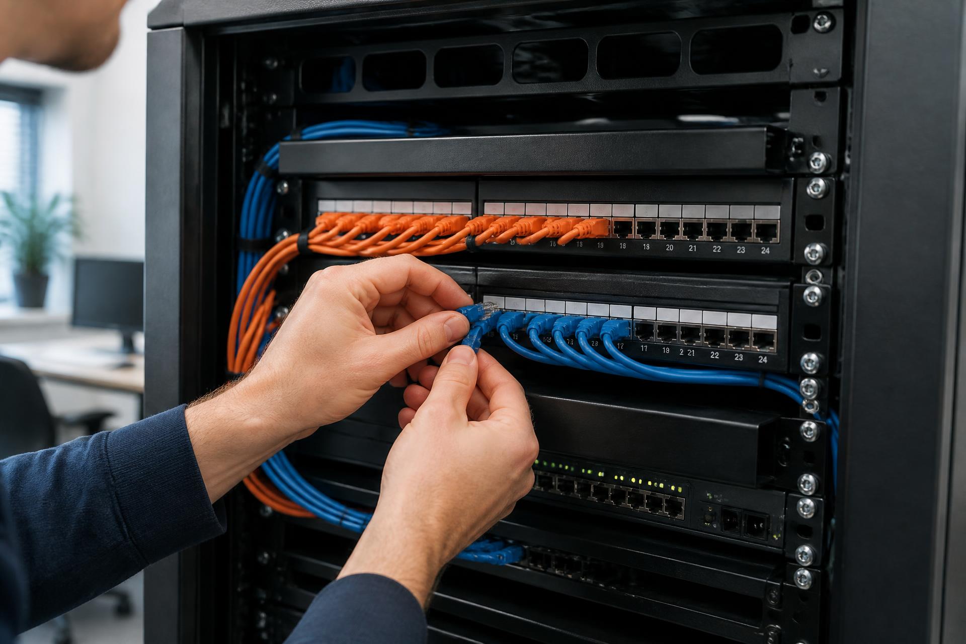 Patchpaneel en switches netjes gemonteerd in een bedrijfsnetwerk