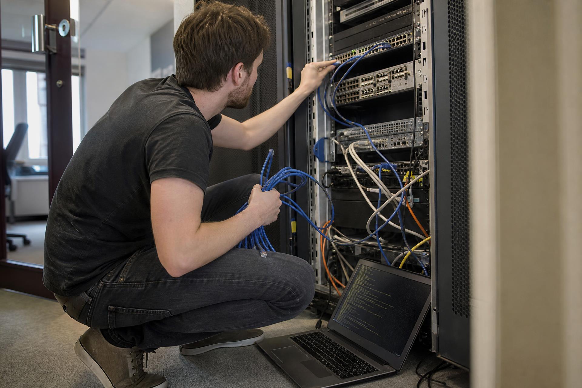 ICT'er werkt op locatie in een serverruimte bij een bedrijf in Breda